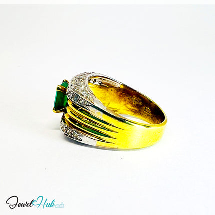 14K Gold Emerald & Diamond Ring · 1.01ct Emerald · UK N · US 7 · Textured Crest Band - JewelHub