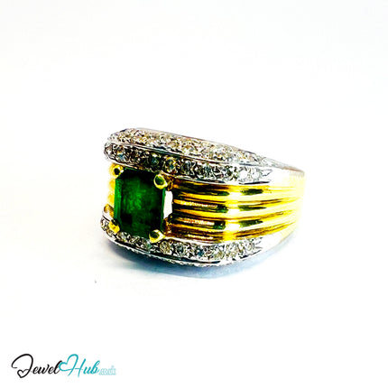 14K Gold Emerald & Diamond Ring · 1.01ct Emerald · UK N · US 7 · Textured Crest Band - JewelHub