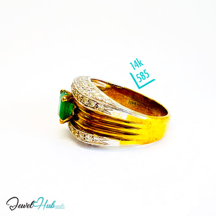 14K Gold Emerald & Diamond Ring · 1.01ct Emerald · UK N · US 7 · Textured Crest Band - JewelHub