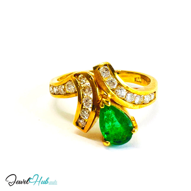 14K Gold Emerald & Diamond Ring · 0.72ct Pear Emerald · UK N · US 7 · Crossover Sparkle Band - JewelHub