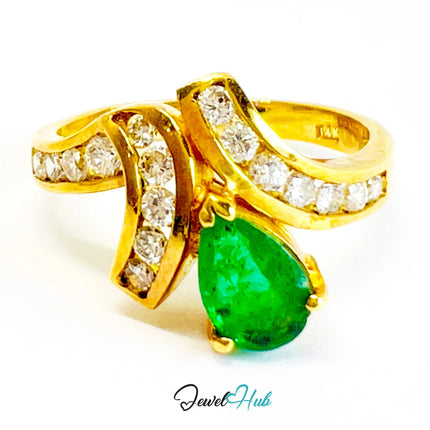14K Gold Emerald Diamond Ring · 0.72ct Pear Emerald · UK N · US 7 · Crossover Sparkle Band JH