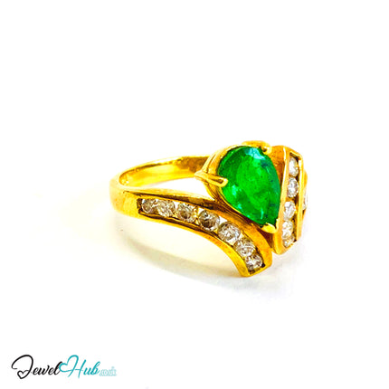 14K Gold Emerald & Diamond Ring · 0.72ct Pear Emerald · UK N · US 7 · Crossover Sparkle Band - JewelHub