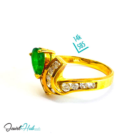 14K Gold Emerald & Diamond Ring · 0.72ct Pear Emerald · UK N · US 7 · Crossover Sparkle Band - JewelHub