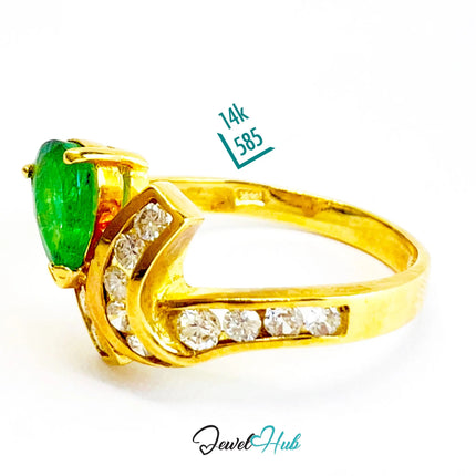 14K Gold Emerald Diamond Ring · 0.72ct Pear Emerald · UK N · US 7 · Crossover Sparkle Band JH
