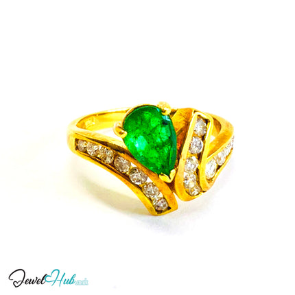 14K Gold Emerald & Diamond Ring · 0.72ct Pear Emerald · UK N · US 7 · Crossover Sparkle Band - JewelHub