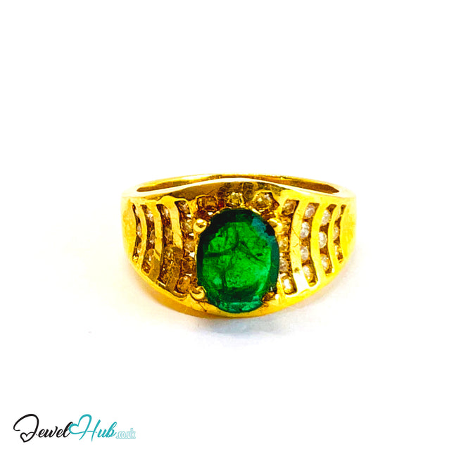 18K Gold Emerald & Diamond Ring · 0.66ct Oval Emerald · 0.62ct Diamonds · UK N · US 7 · Luxe Halo Crest - JewelHub