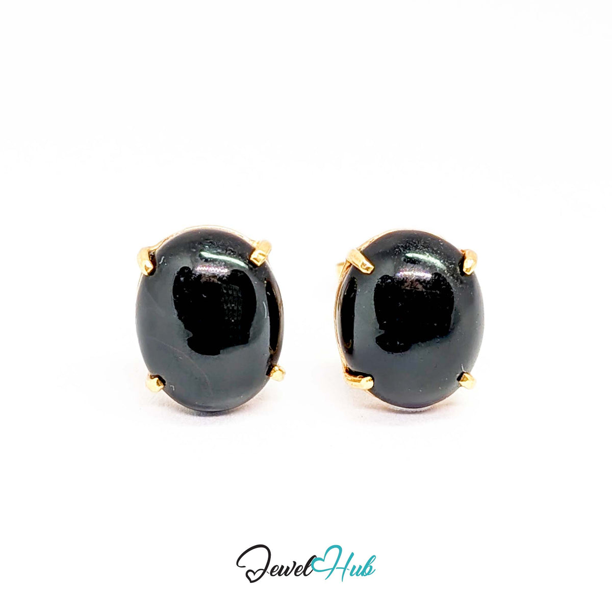 14K Gold Black Onyx Studs - Four Claw Setting, 8x10mm