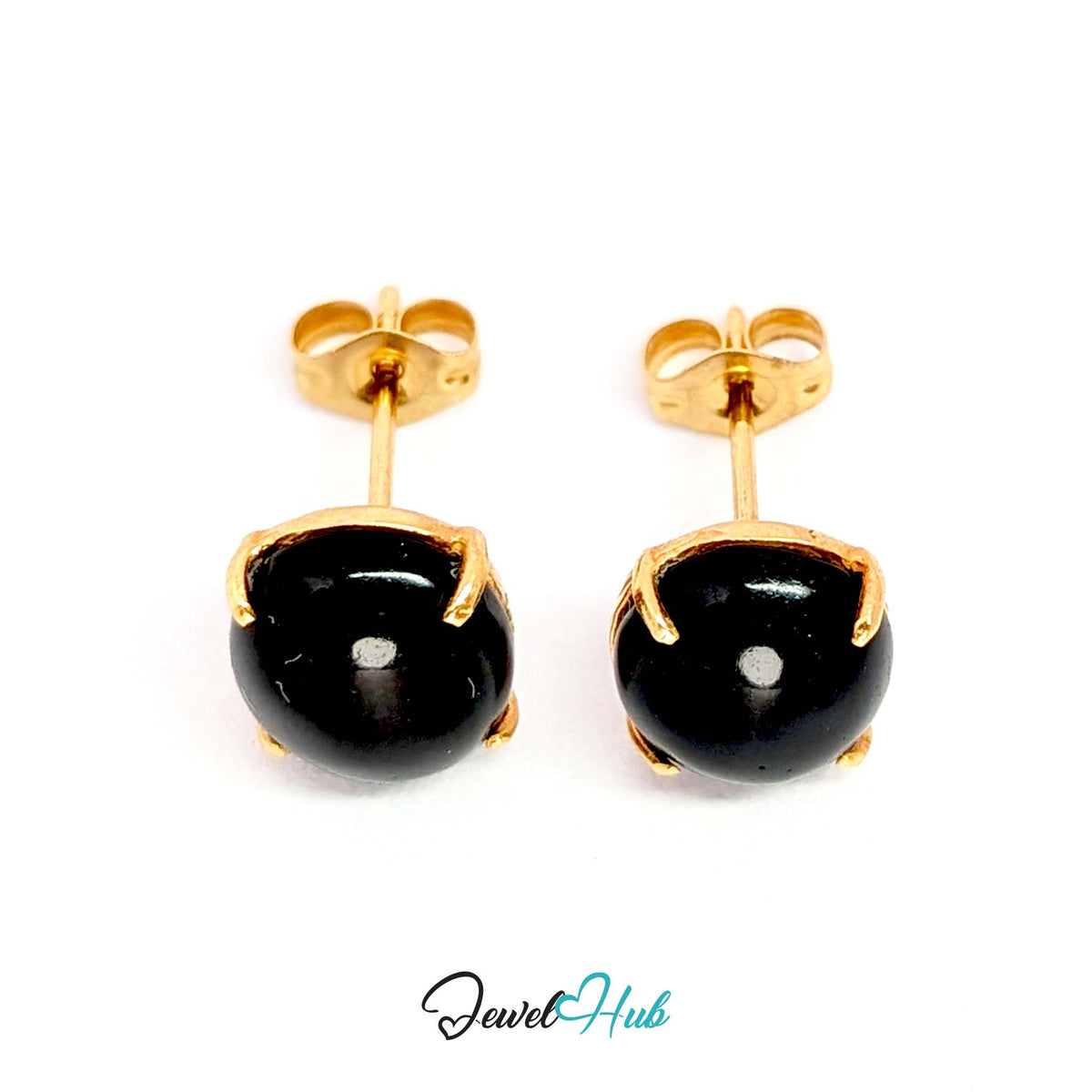 14K Gold Black Onyx Studs - Four Claw Setting, 8x10mm