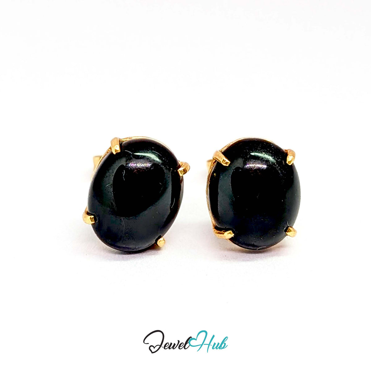 14K Gold Black Onyx Studs - Four Claw Setting, 8x10mm