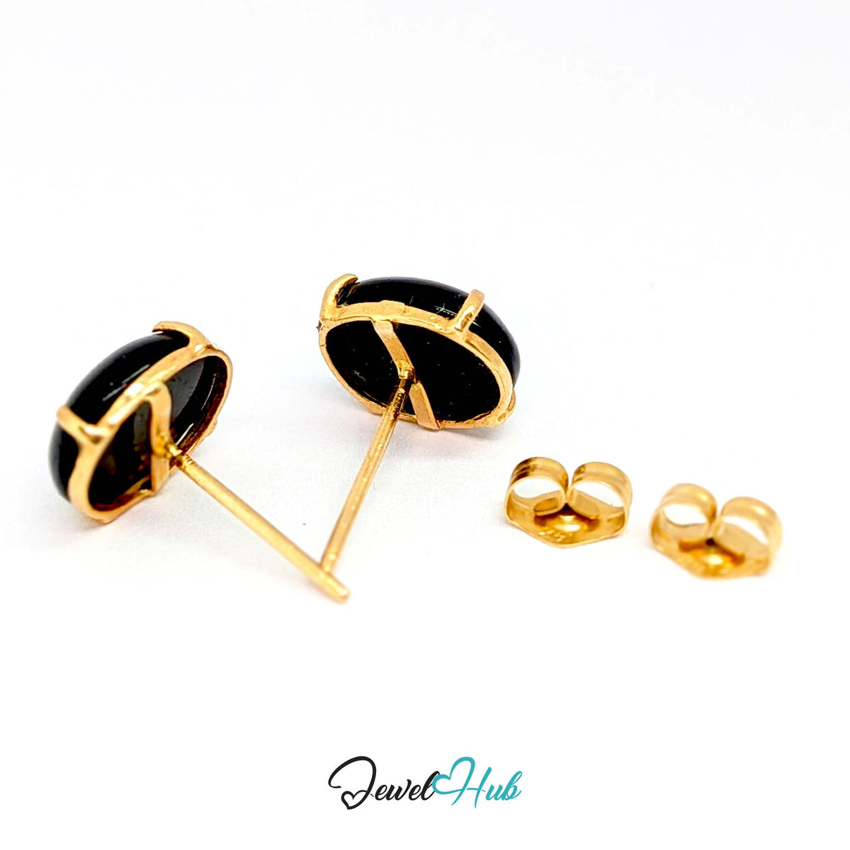 14K Gold Black Onyx Studs - Four Claw Setting, 8x10mm