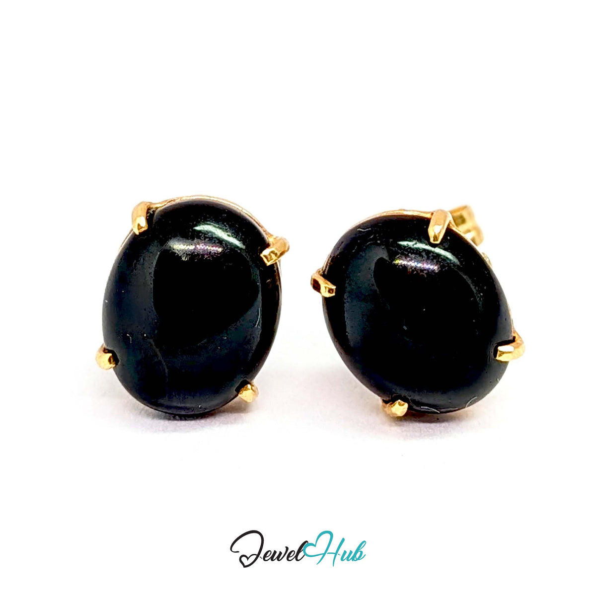 14K Gold Black Onyx Studs - Four Claw Setting, 8x10mm