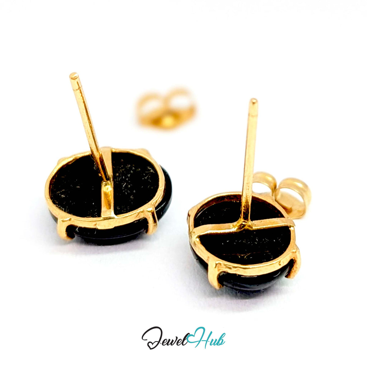 14K Gold Black Onyx Studs - Four Claw Setting, 8x10mm