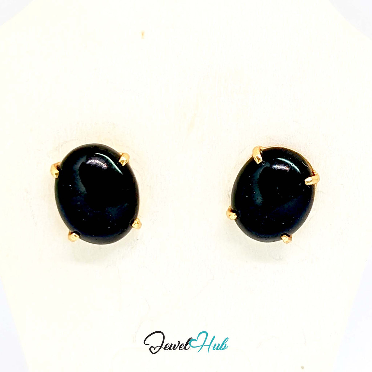 14K Gold Black Onyx Studs - Four Claw Setting, 8x10mm