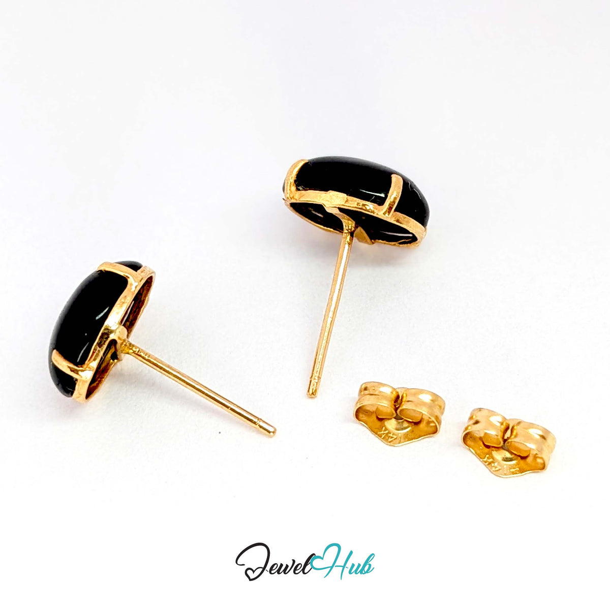 14K Gold Black Onyx Studs - Four Claw Setting, 8x10mm
