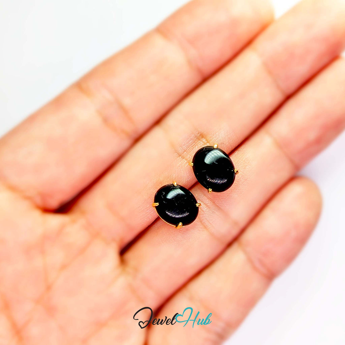 14K Gold Black Onyx Studs - Four Claw Setting, 8x10mm