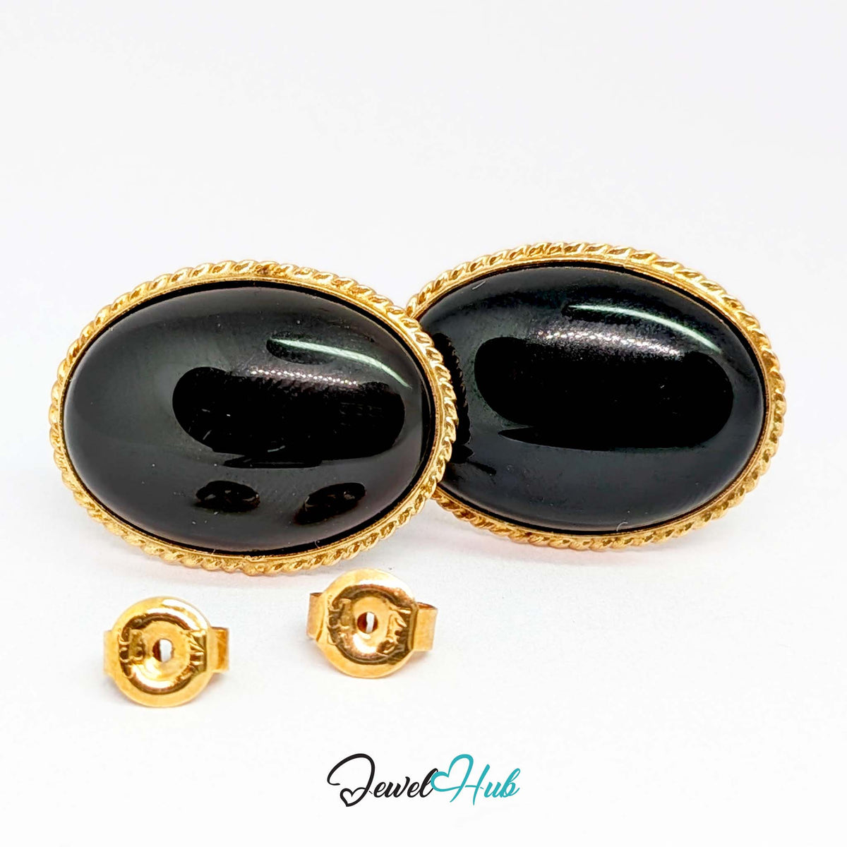 14K Gold Black Onyx Earrings - Rope Bezel, 14x19mm Oval
