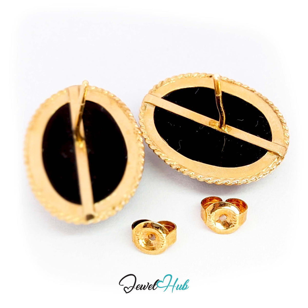14K Gold Black Onyx Earrings - Rope Bezel, 14x19mm Oval