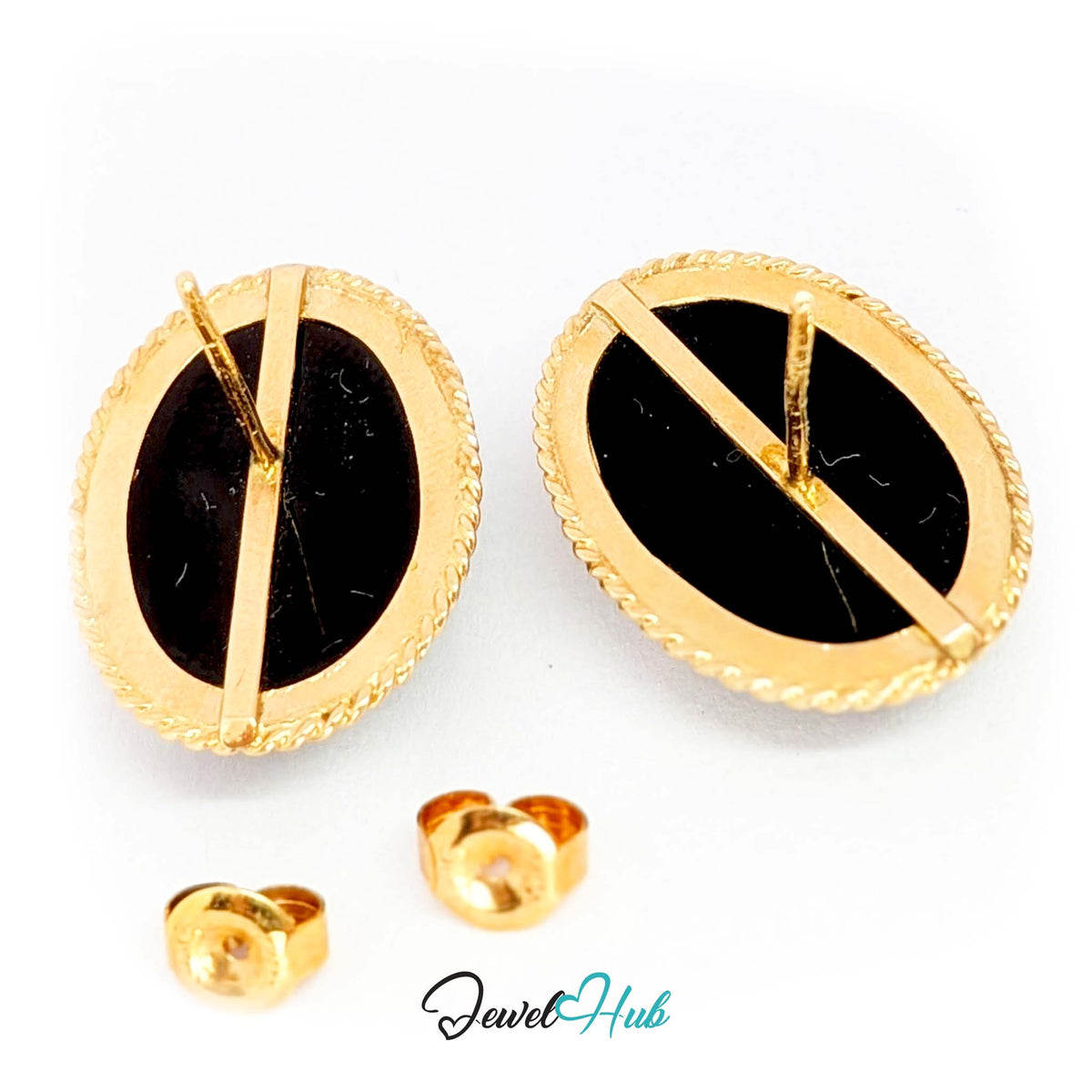 14K Gold Black Onyx Earrings - Rope Bezel, 14x19mm Oval