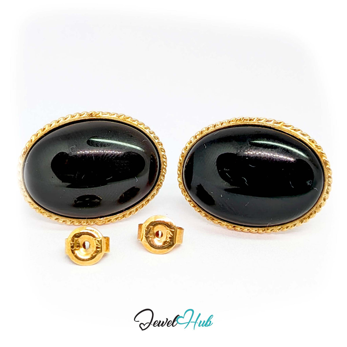 14K Gold Black Onyx Earrings - Rope Bezel, 14x19mm Oval