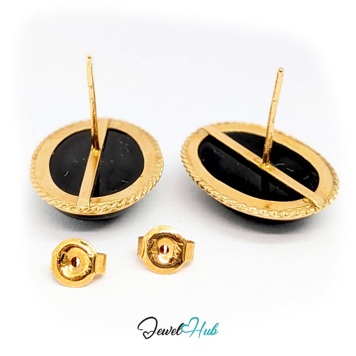 14K Gold Black Onyx Earrings - Rope Bezel, 14x19mm Oval