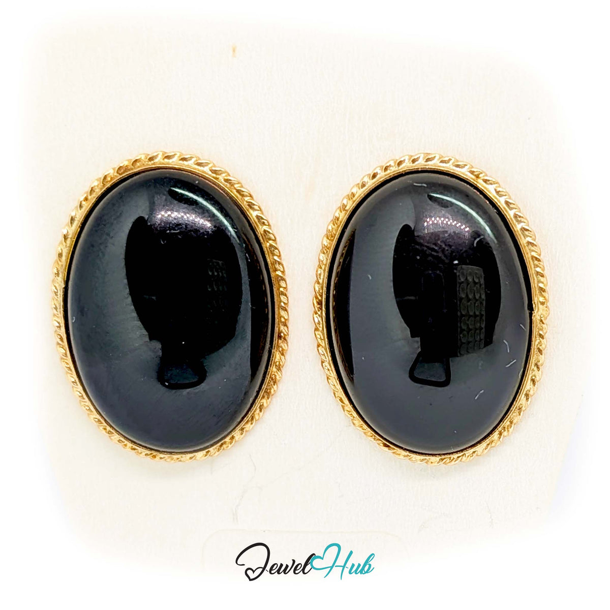 14K Gold Black Onyx Earrings - Rope Bezel, 14x19mm Oval
