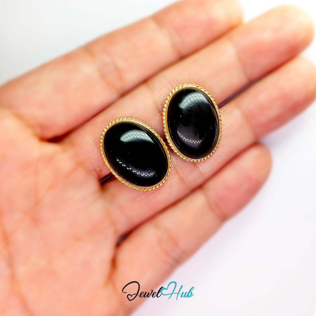 14K Gold Black Onyx Earrings - Rope Bezel, 14x19mm Oval