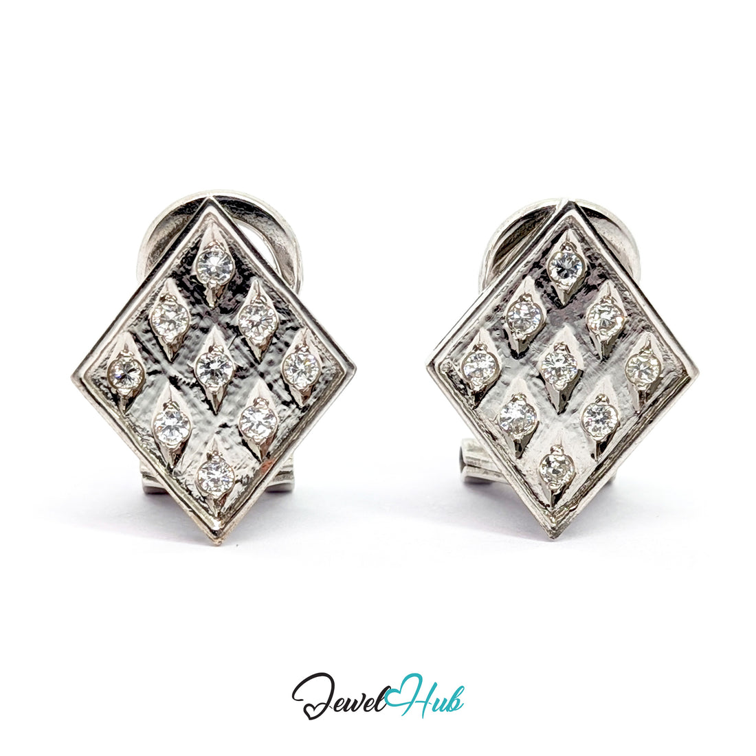 Pair of 14k white gold diamond earrings, nine round brilliant diamonds set in a three-by-three checker grid on each square plaque