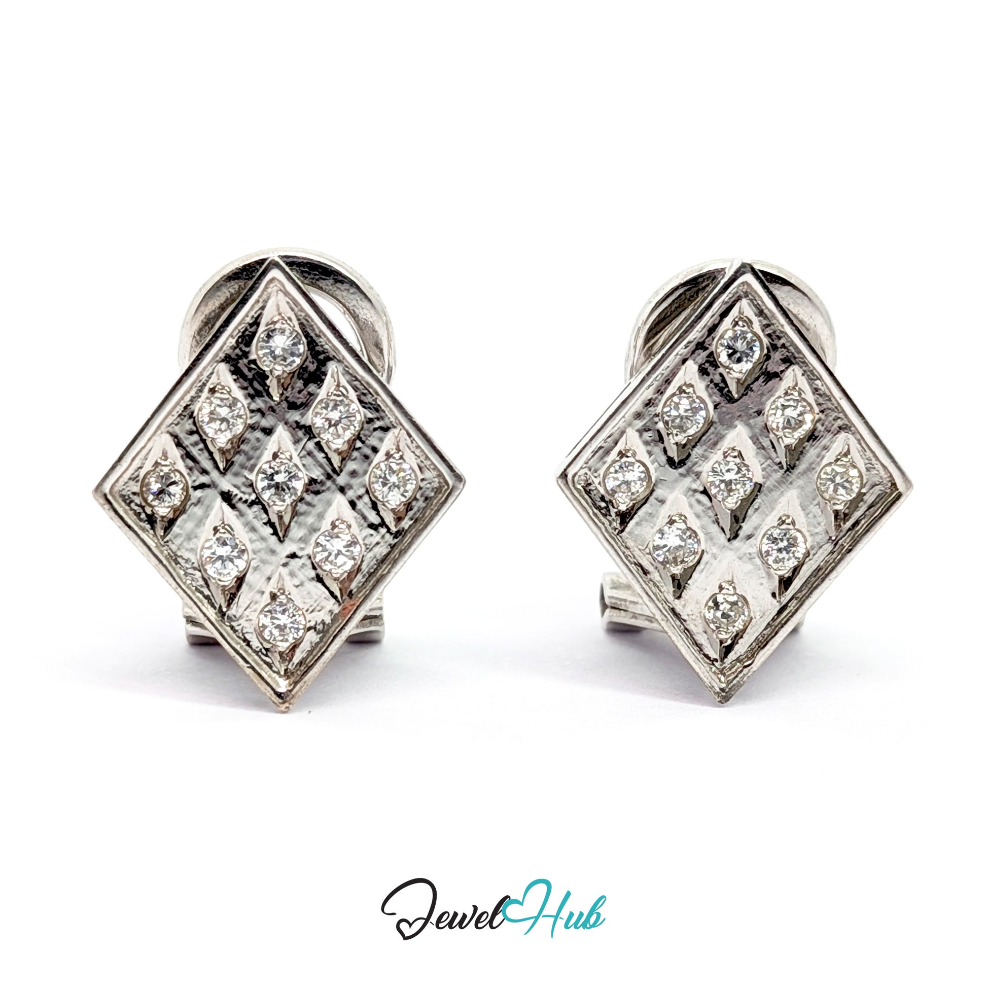 Pair of 14k white gold diamond earrings, nine round brilliant diamonds set in a three-by-three checker grid on each square plaque