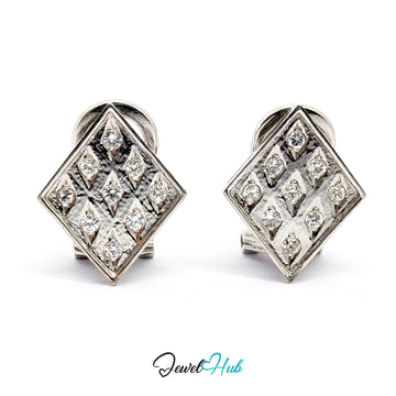 Pair of 14k white gold diamond earrings, nine round brilliant diamonds set in a three-by-three checker grid on each square plaque