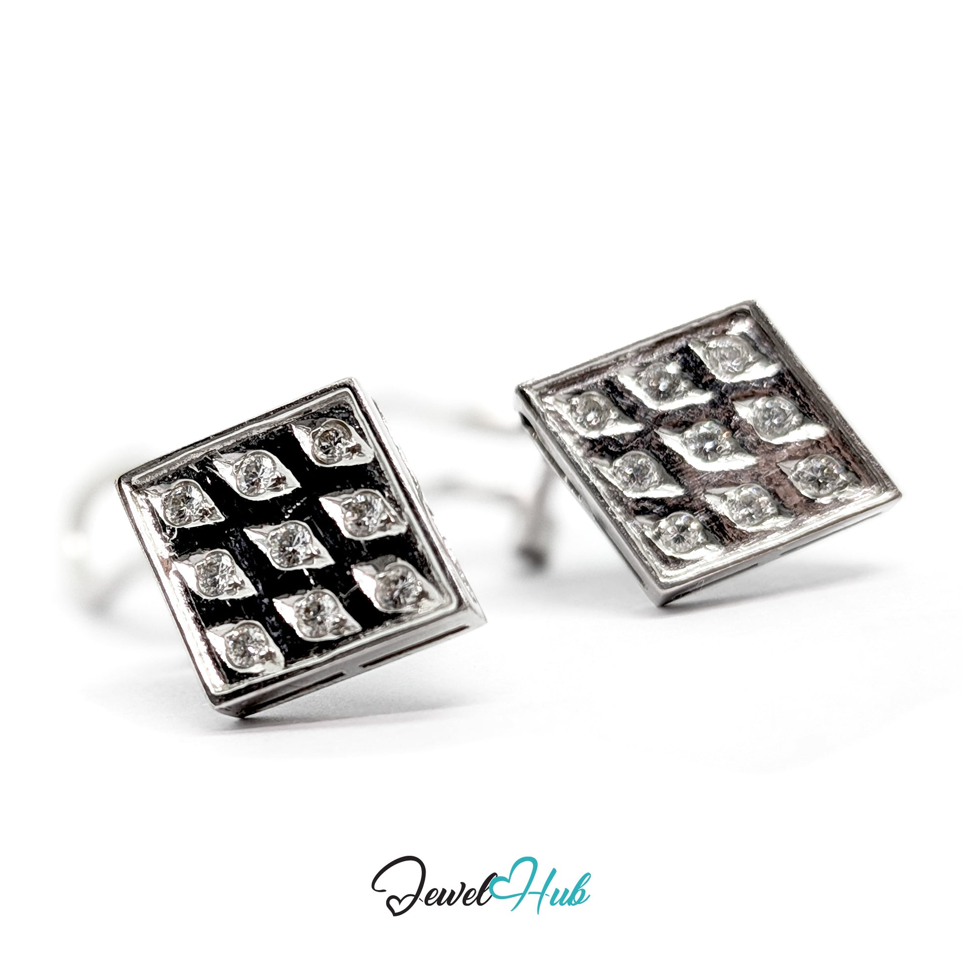Reverse of the 14k white gold checker diamond earrings, showing the open back gallery and the post and omega fitting