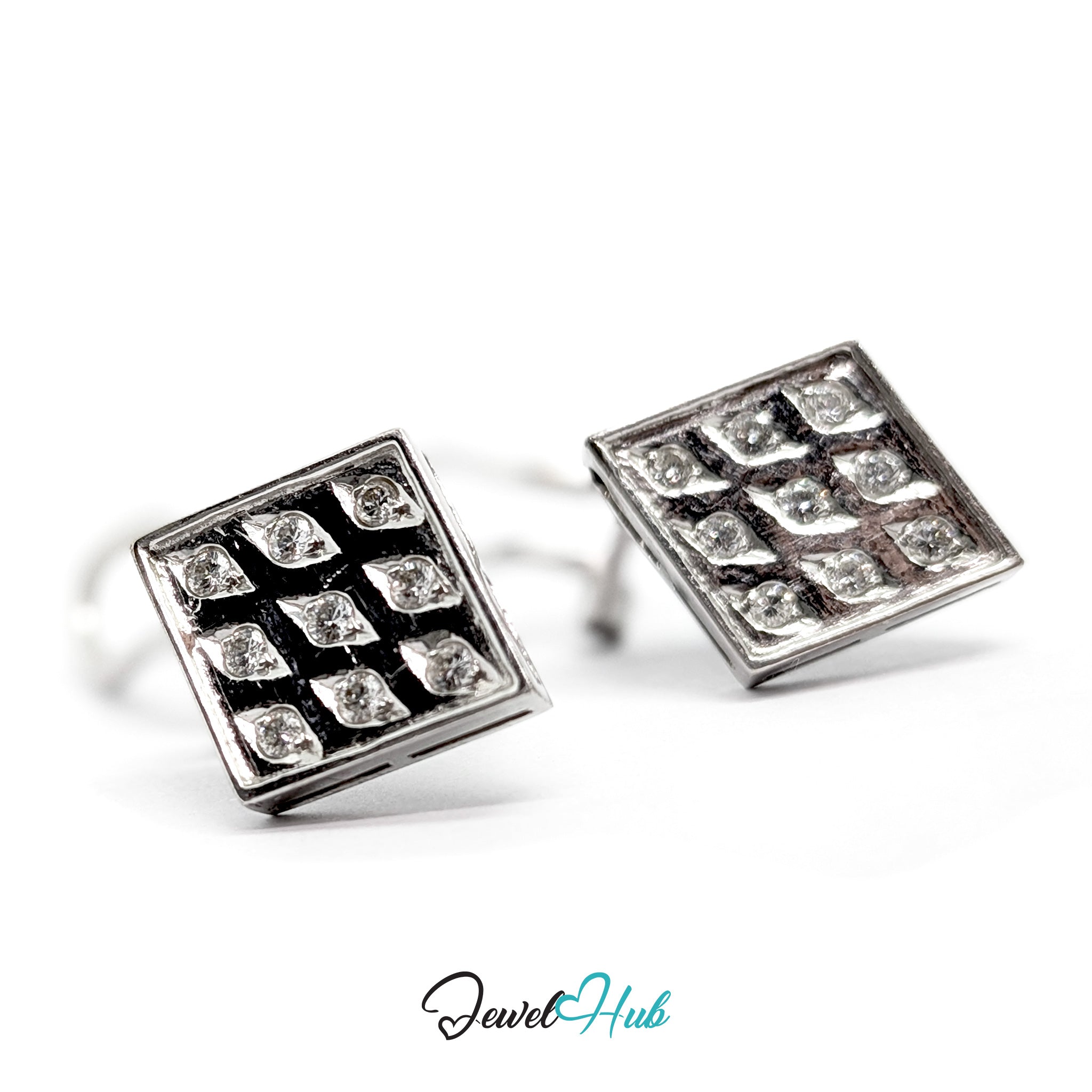 Reverse of the 14k white gold checker diamond earrings, showing the open back gallery and the post and omega fitting