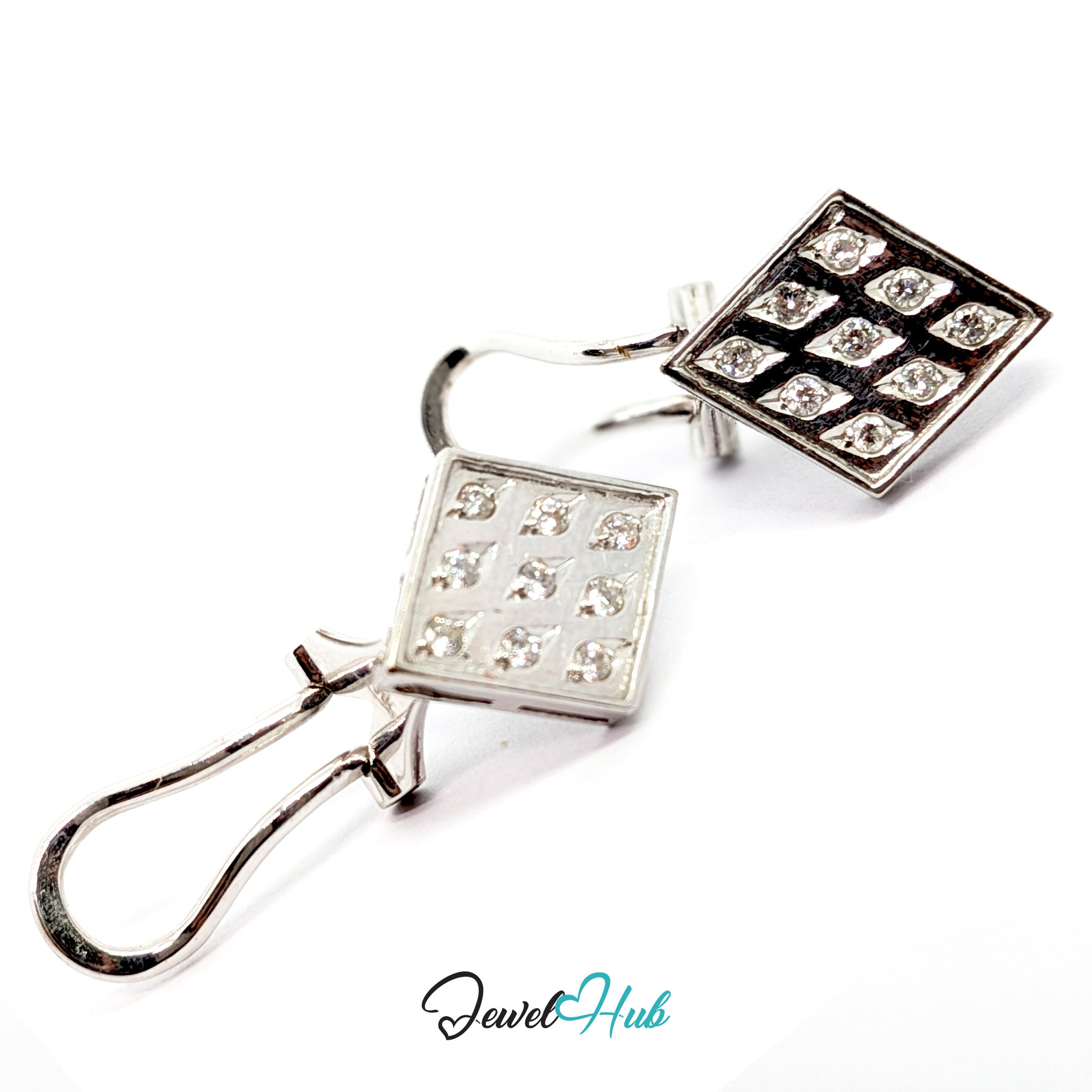 14k white gold checker diamond earrings, square plaque worn on point with claw-set round diamonds