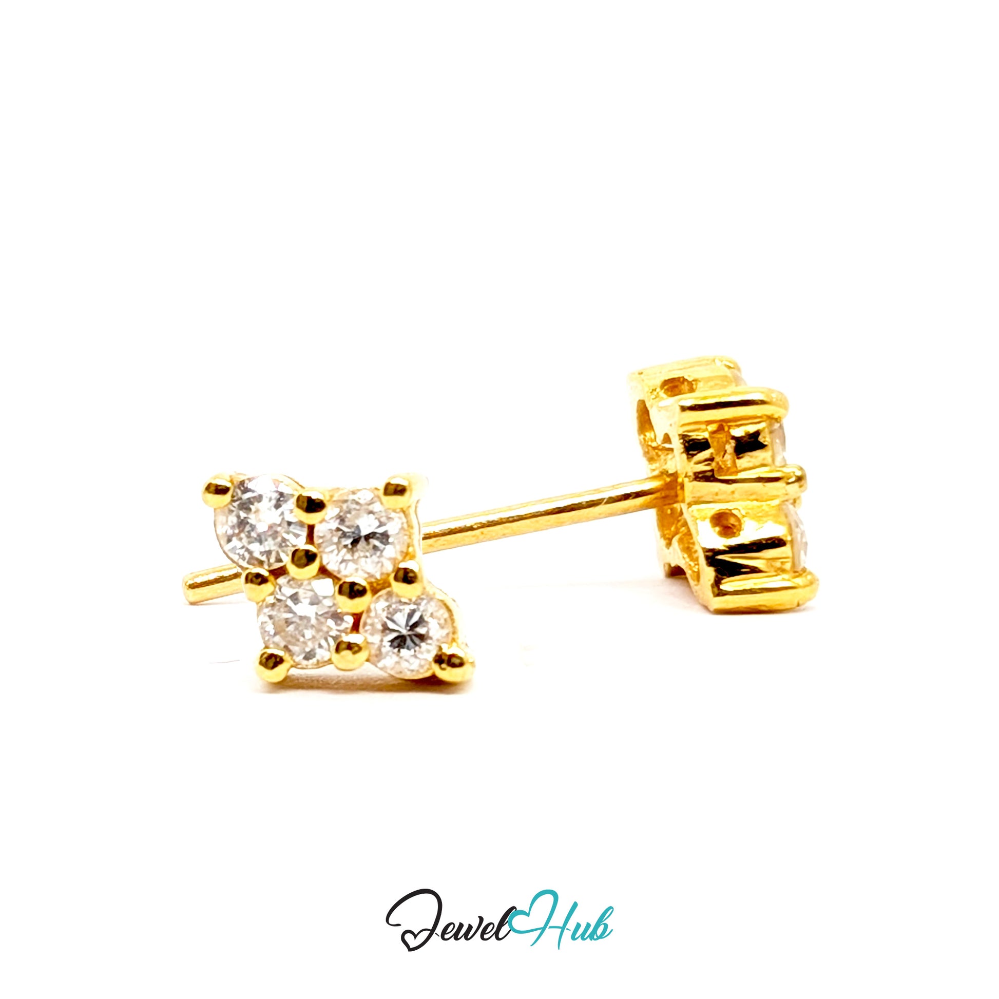 14k yellow gold diamond cluster studs, four claw-set stones arranged as a soft four-point star