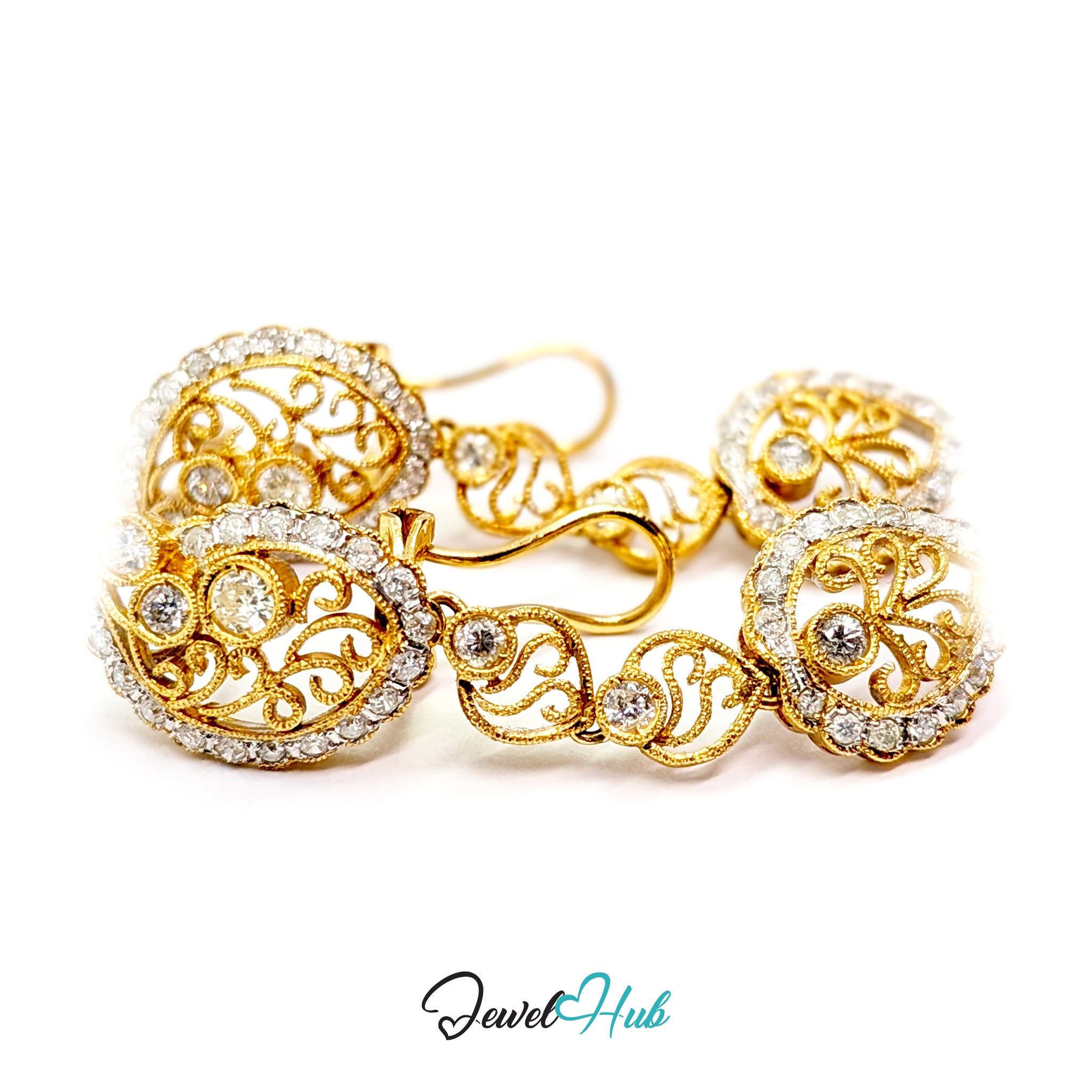 18k gold diamond pave earrings, graduated stones in three measured sizes