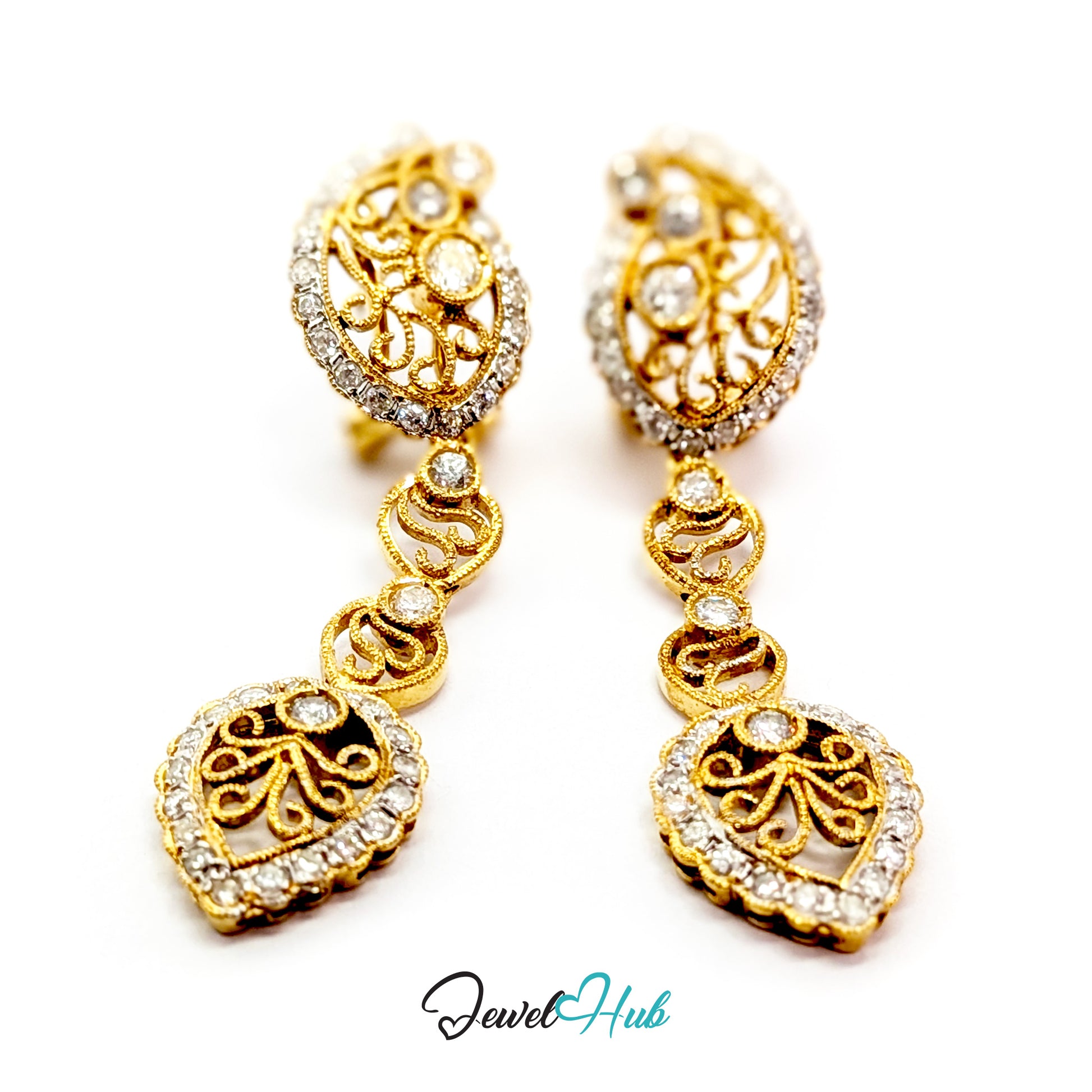Close view of the pave-set natural diamonds on the Celestia Bloom 18k gold earrings