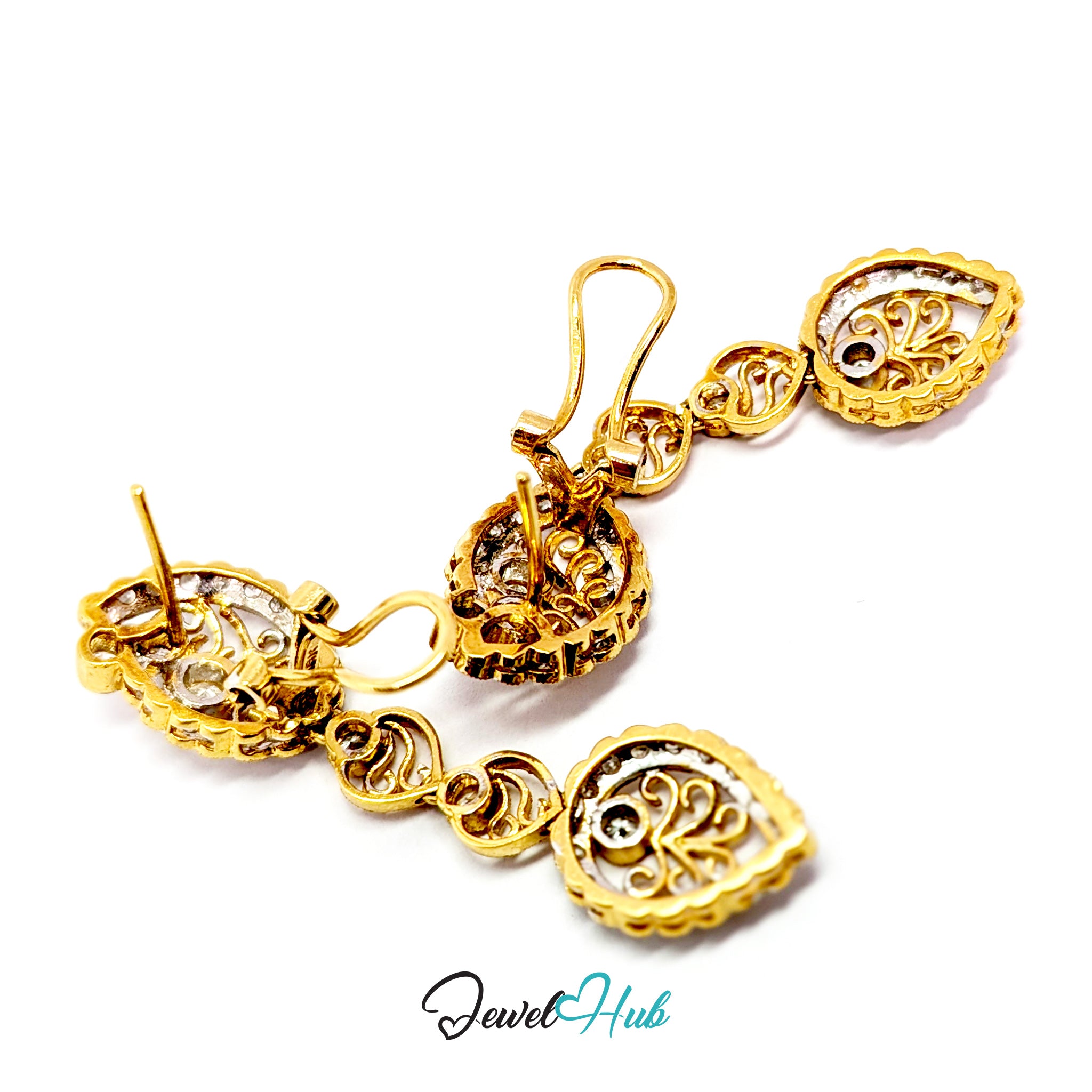 18k solid gold diamond earrings, hand-set pave work, weighing 8.33 grams the pair