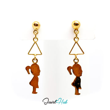 Pair of 14k solid gold drop earrings, a polished ball above an open triangle with a girl silhouette hanging below