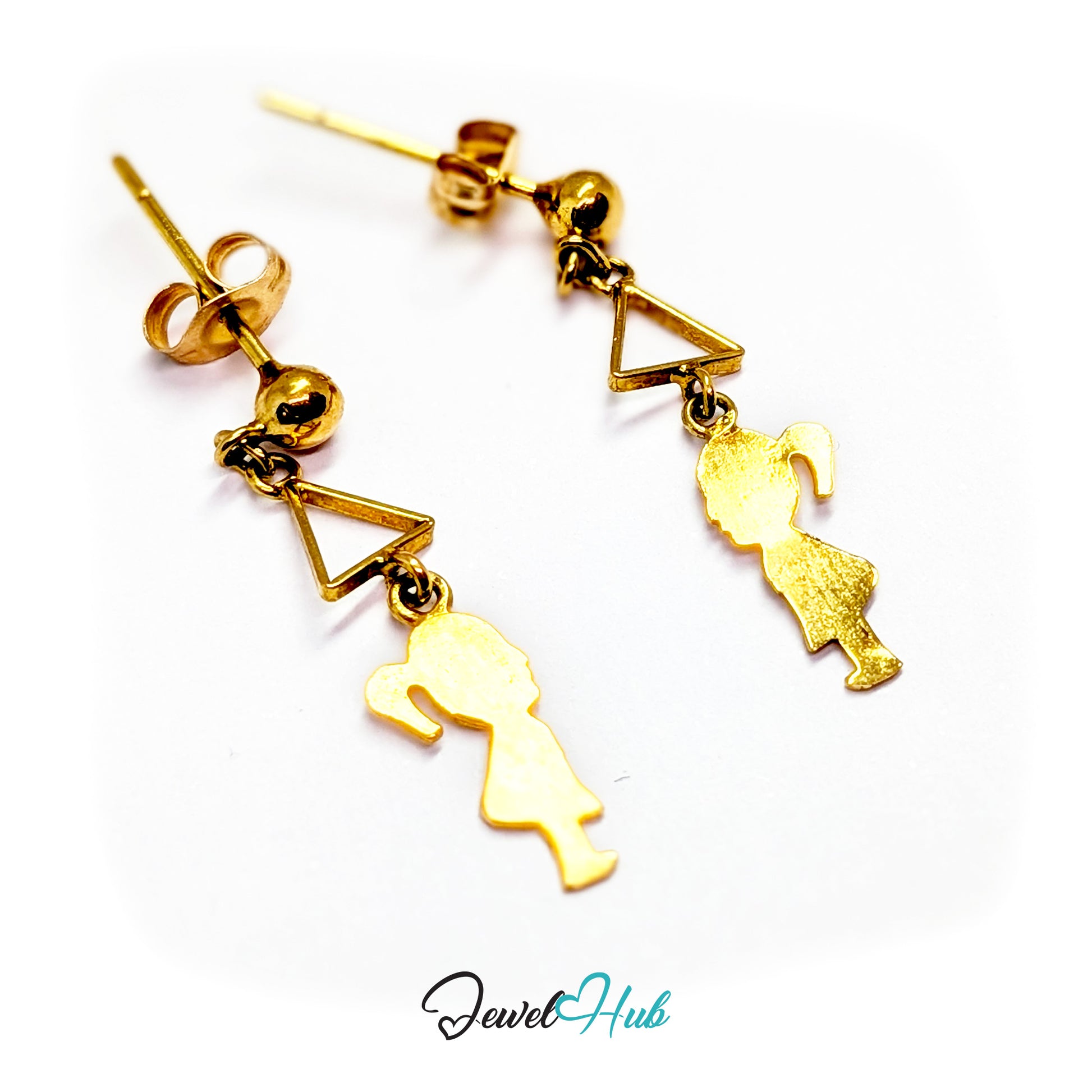 Reverse of the 14k gold girl silhouette drop earrings, showing the posts and butterfly backs
