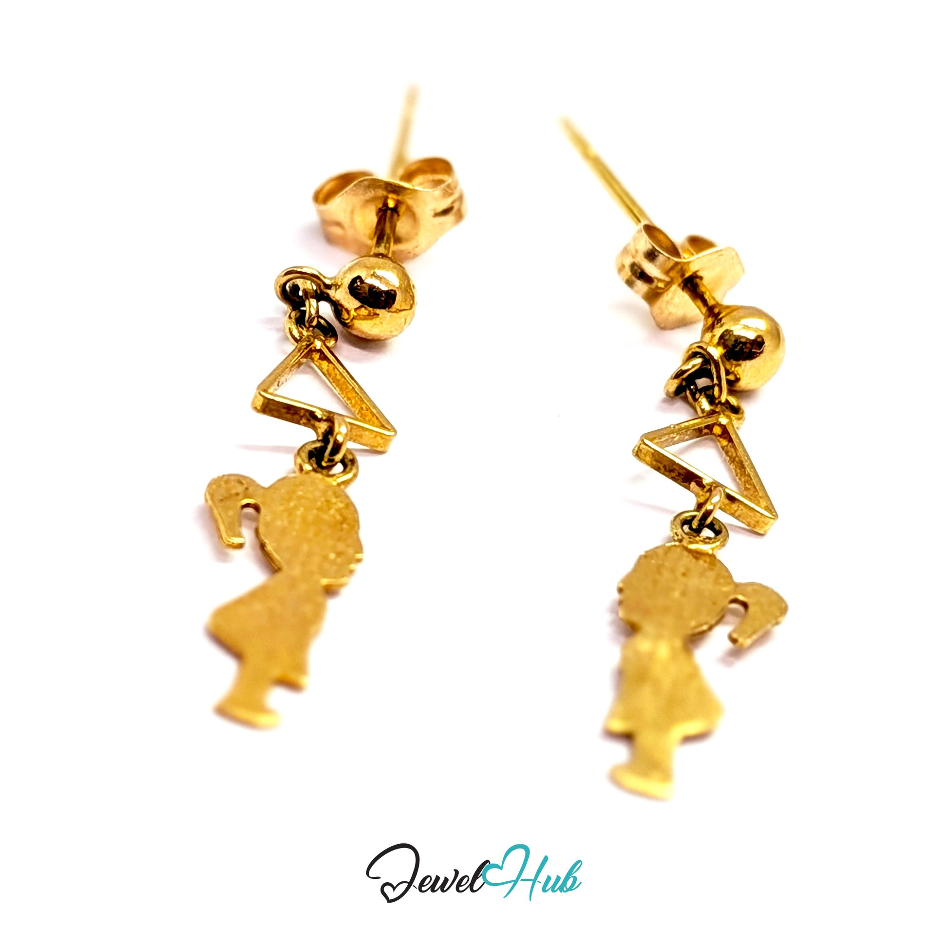 14k gold articulated drop earrings, each of the three sections hanging on its own link