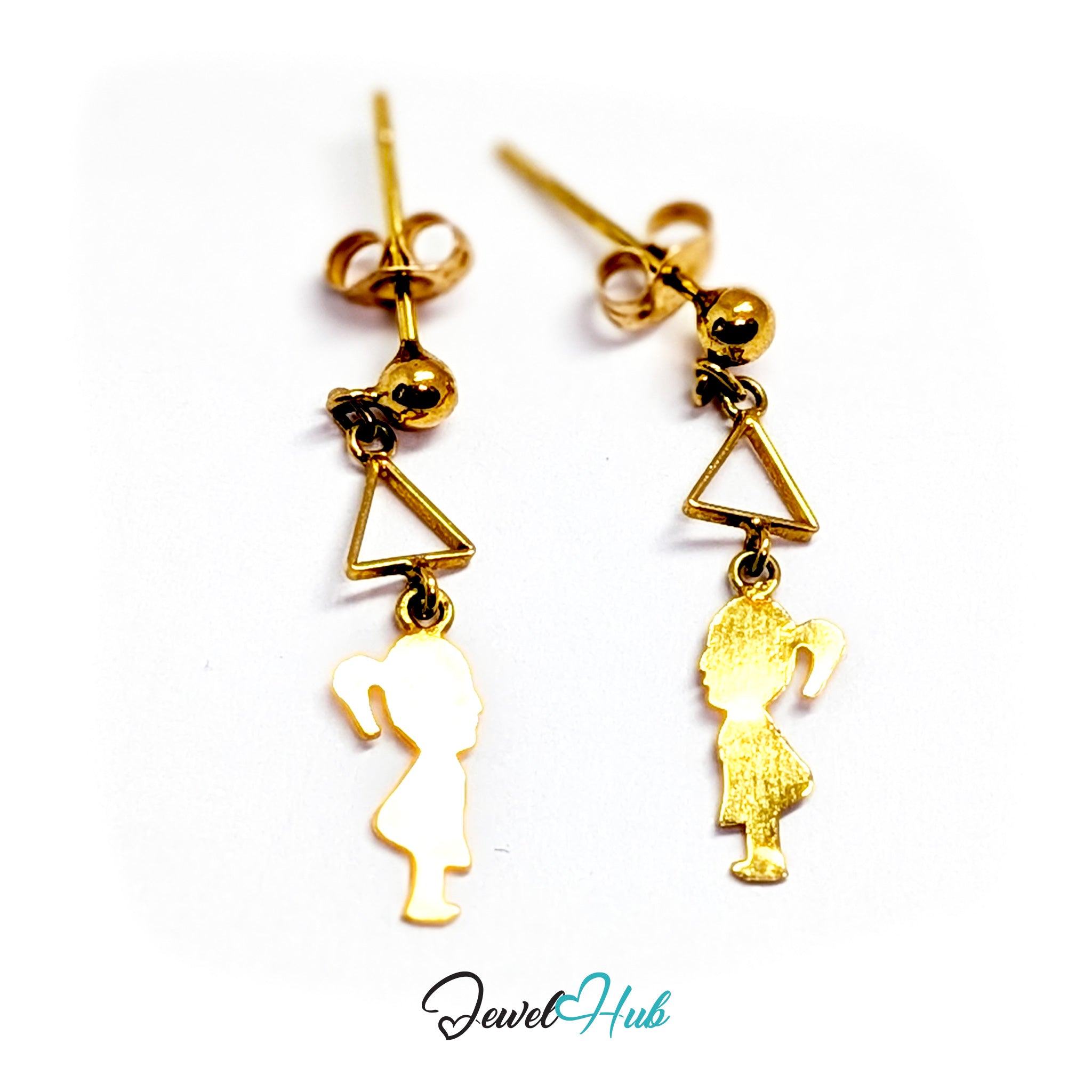 Angled view of the 14k gold girl silhouette earrings with the posts and butterflies visible