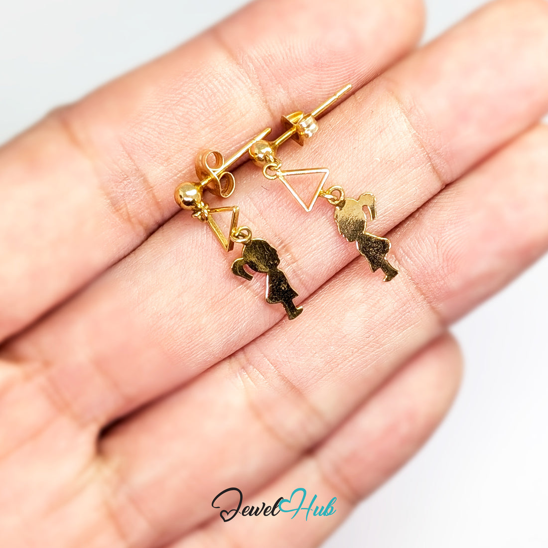Pair of 14k solid gold drop earrings, a polished ball above an open triangle with a girl silhouette hanging below