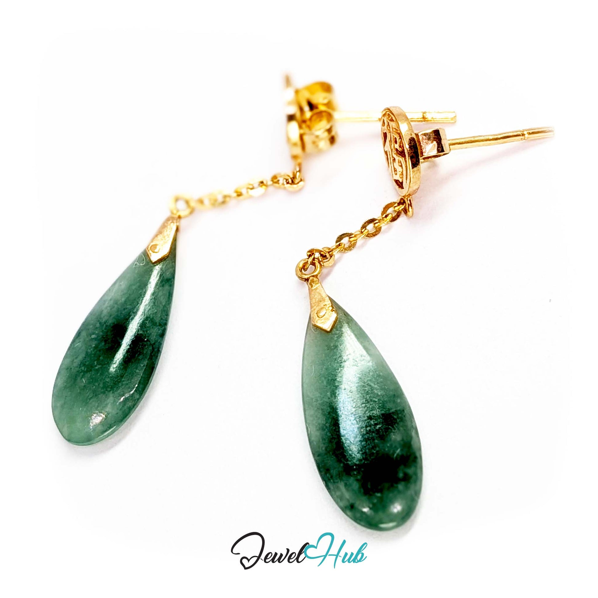 Openwork fu character disc in 14k gold above a fine trace chain and hanging jade drop - JewelHub