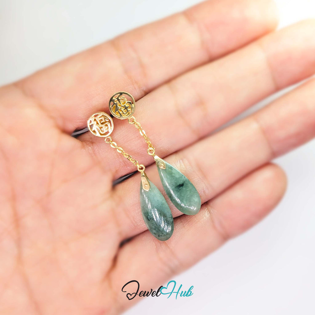 14K gold jade drop earrings, a pair of green jade teardrops hanging from openwork fu blessing discs - JewelHub