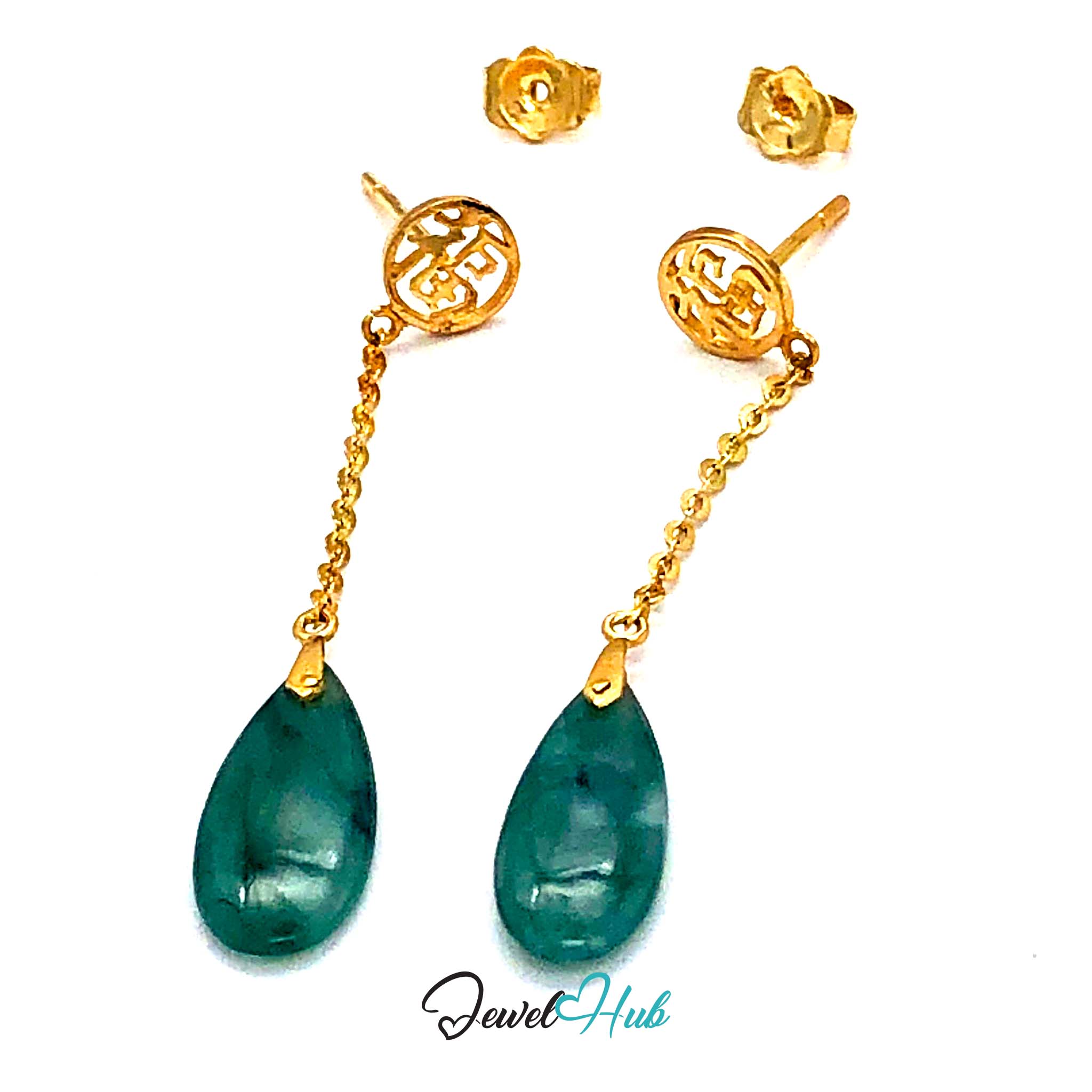 Pair of 14k gold jade drop earrings shown together, 2.084 grams for the two - JewelHub