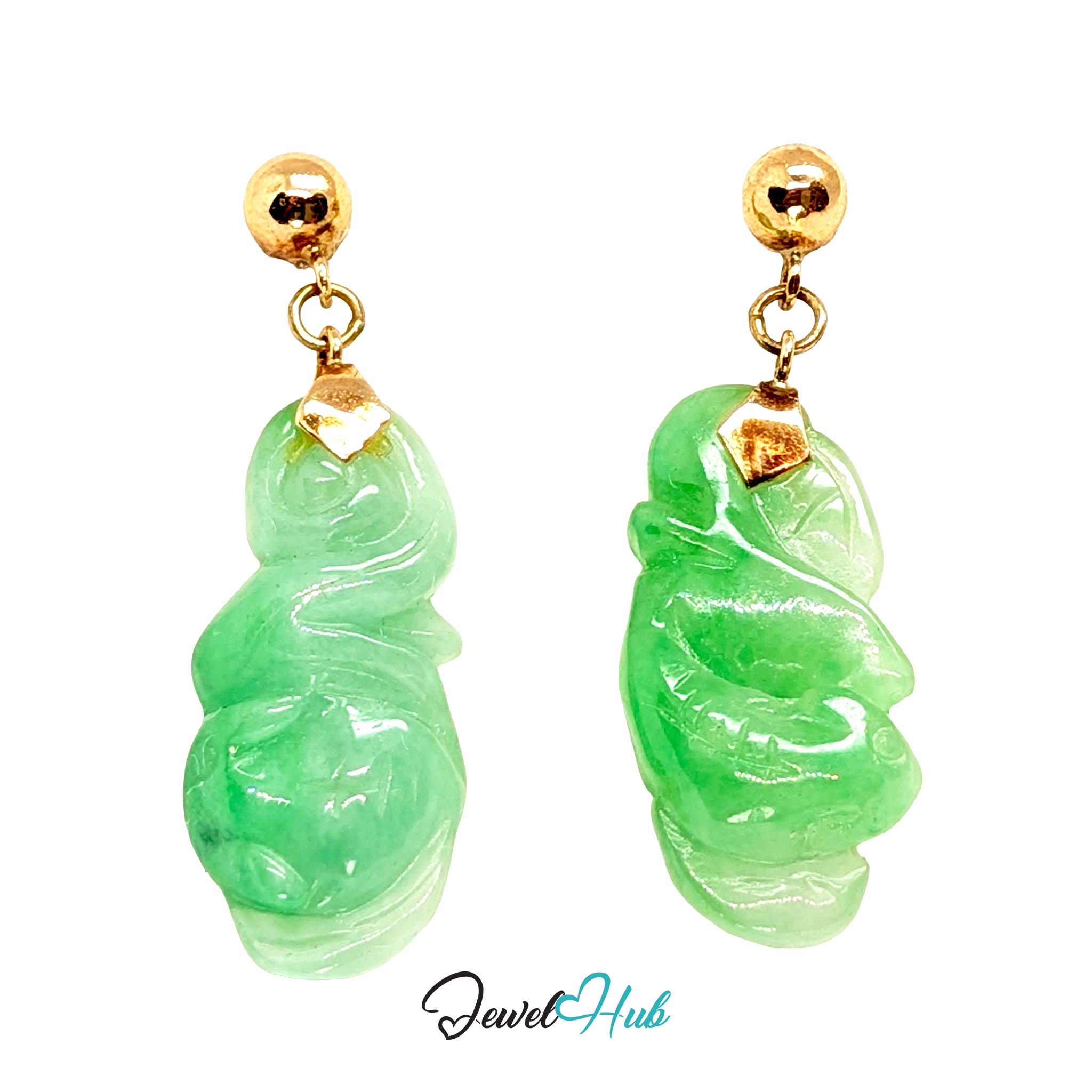 14K gold carved jade gourd earrings, apple green jade drops on polished gold ball studs - JewelHub