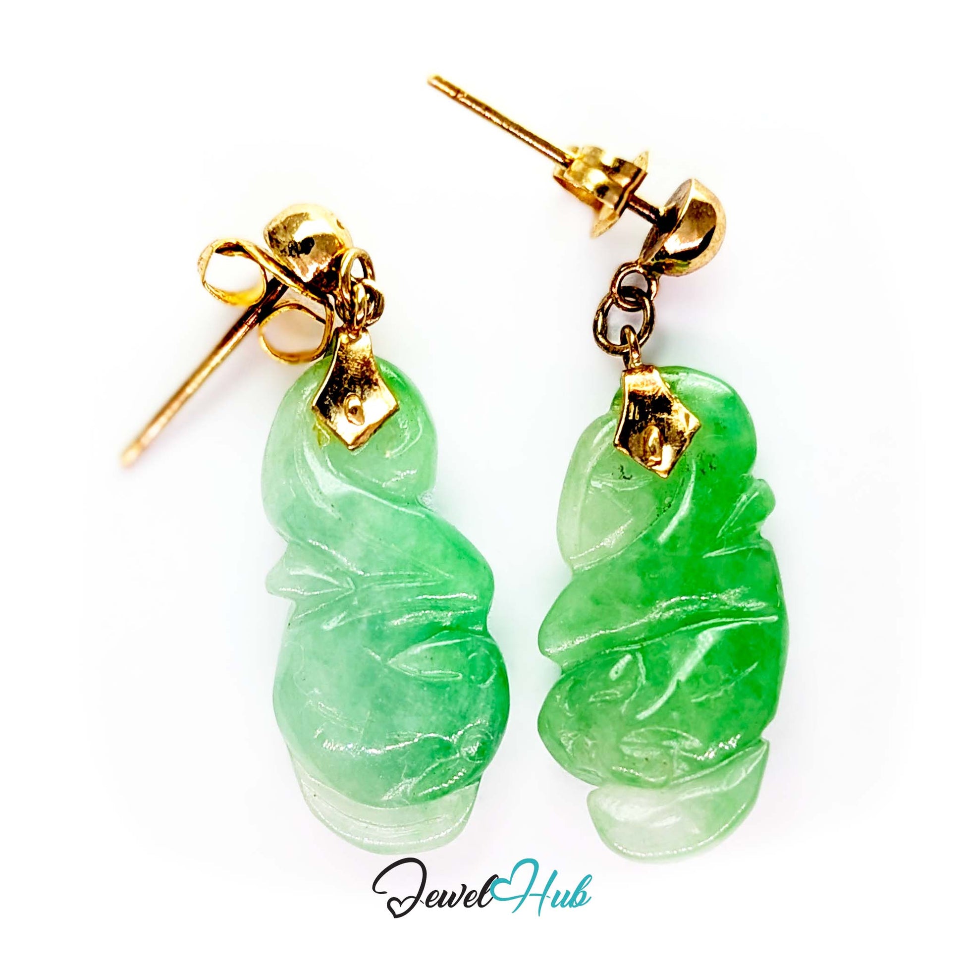 Polished 14k gold ball stud above the hanging carved jade gourd - JewelHub
