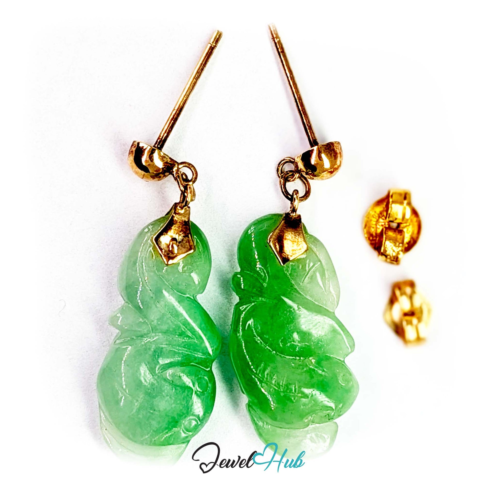 Pair of carved jade gourds shown together, matched for colour and carving - JewelHub