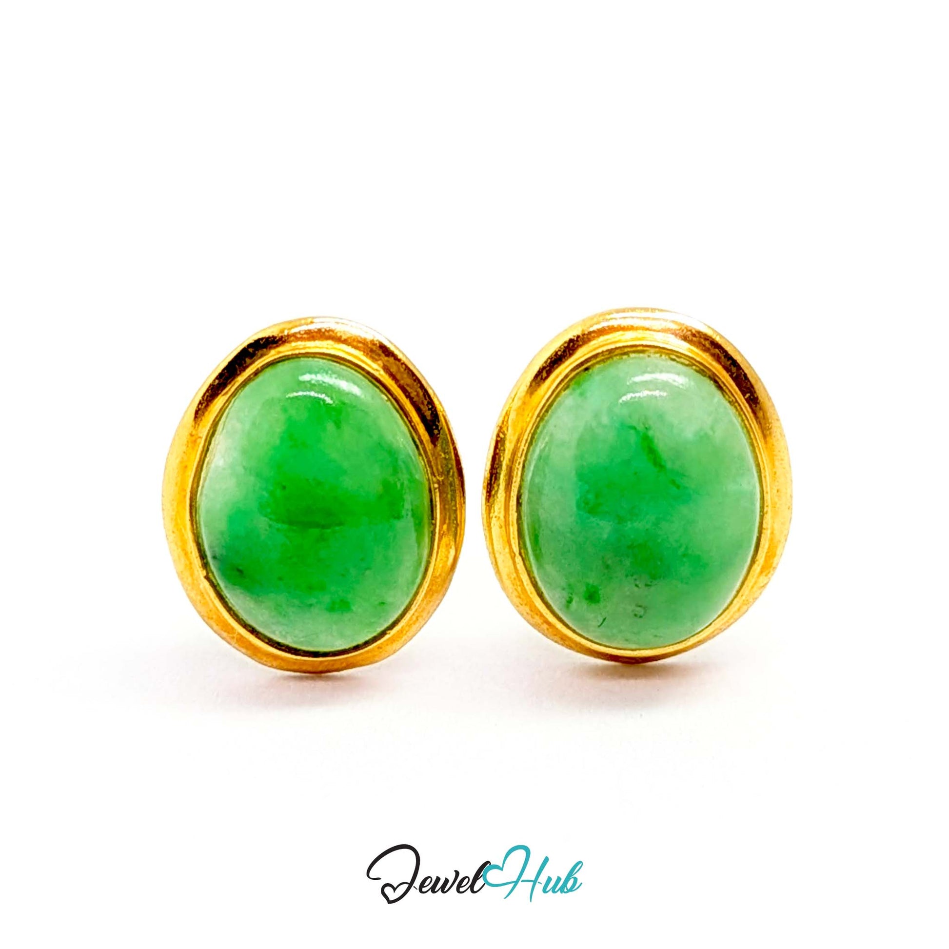 14K gold jade stud earrings, vivid green oval cabochons in plain polished gold bezels - JewelHub