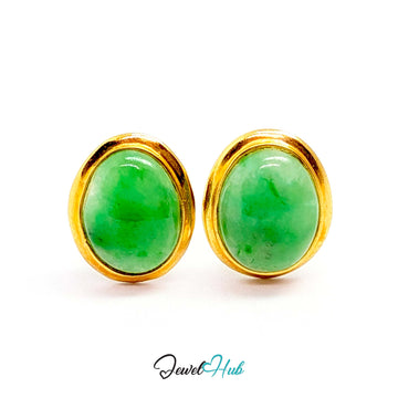 14K gold jade stud earrings, vivid green oval cabochons in plain polished gold bezels - JewelHub
