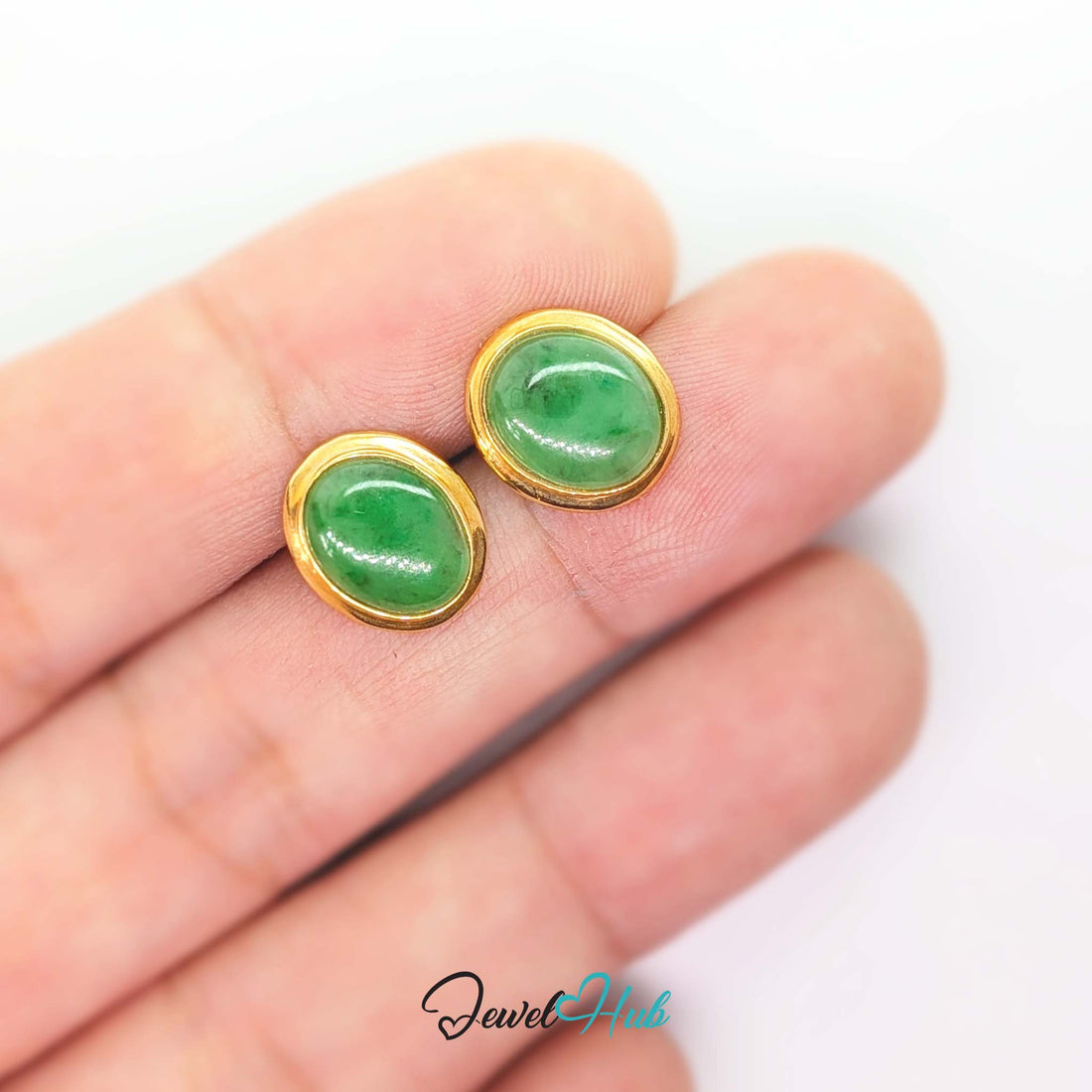 14K gold jade stud earrings, vivid green oval cabochons in plain polished gold bezels - JewelHub